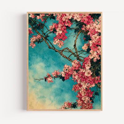 Poster Cerisier japonais - Floraison rose et fuchsia sur ciel azur