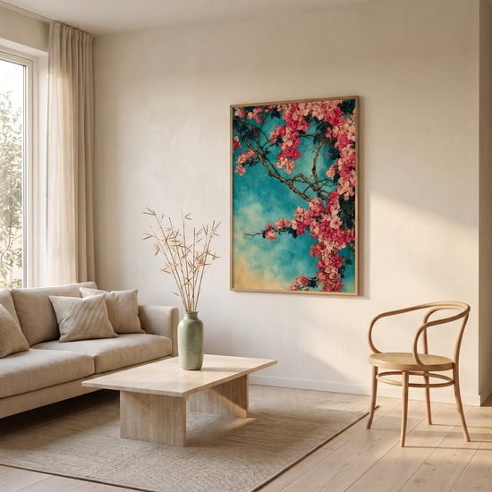 Poster Cerisier japonais - Floraison rose et fuchsia sur ciel azur — Décor sur-mesure (IA)