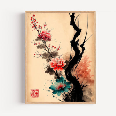 Japanese Cherry Blossom Poster – Pink Ink Sakura Flowers, Calming Wall Art