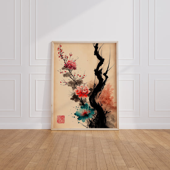 Poster Cerisiers japonais - Fleurs roses à l'encre pour une pièce apaisée — Vierge - living-room