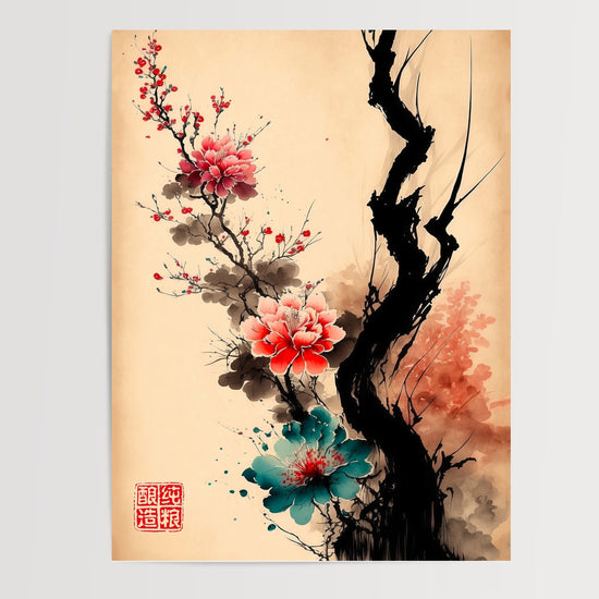 Poster Cerisiers japonais - Fleurs roses à l'encre pour une pièce apaisée — Vierge - poster-presentation-produit