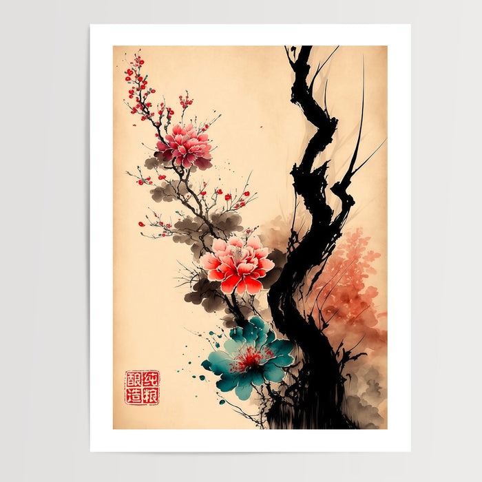 Poster Cerisiers japonais - Fleurs roses à l'encre pour une pièce apaisée — Vierge - poster-presentation-produit — passe-partout blanc