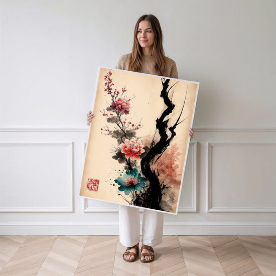 Poster Cerisiers japonais - Fleurs roses à l'encre pour une pièce apaisée — Vierge - poster-femme-debout
