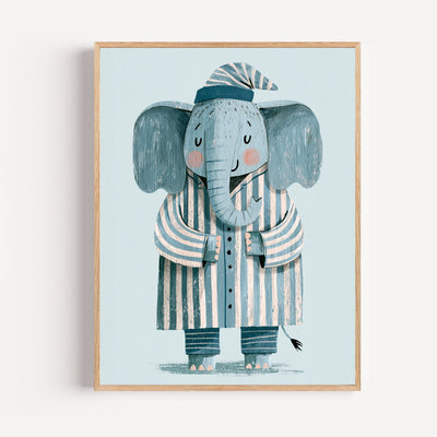 Poster chambre enfant éléphant en pyjama - Tendresse apaisante bleu canard
