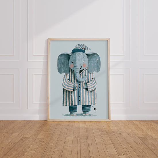 Poster chambre enfant éléphant en pyjama - Tendresse apaisante bleu canard — Vierge - living-room
