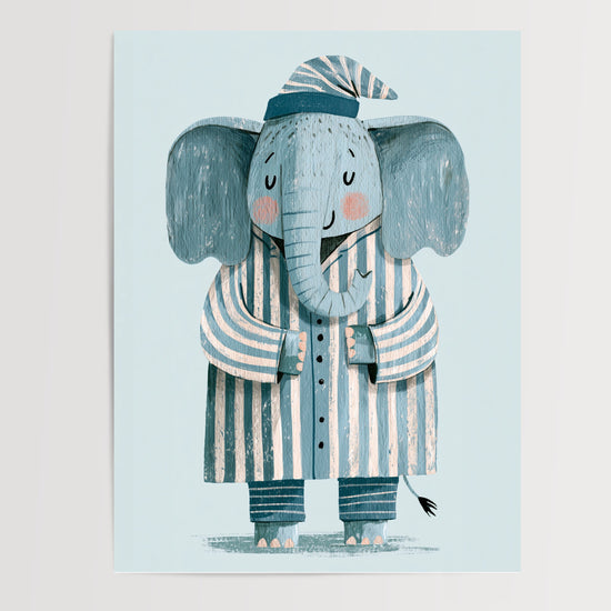 Poster chambre enfant éléphant en pyjama - Tendresse apaisante bleu canard — Vierge - poster-presentation-produit