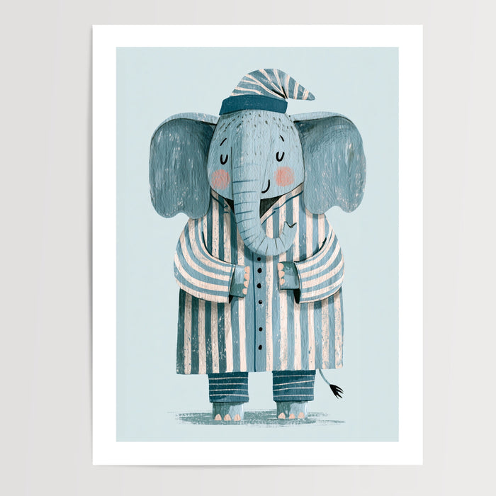 Poster chambre enfant éléphant en pyjama - Tendresse apaisante bleu canard — Vierge - poster-presentation-produit — passe-partout blanc