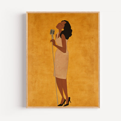Vintage jazz singer wall art with golden 1950s club glow
