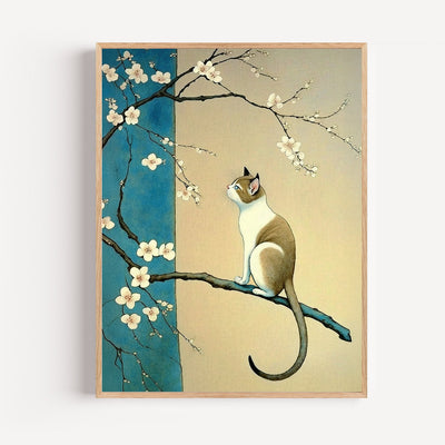 Wandposter Japanische Katze auf Kirschblütenzweig
