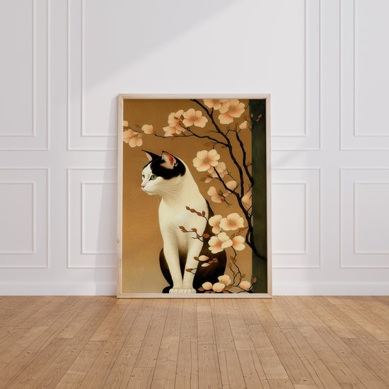 Poster Chat japonais - Douceur porte-bonheur sous les cerisiers — Vierge - living-room
