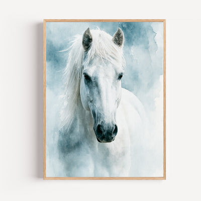 Poster Cheval blanc - Douceur d'une aquarelle bleutée et rêveuse