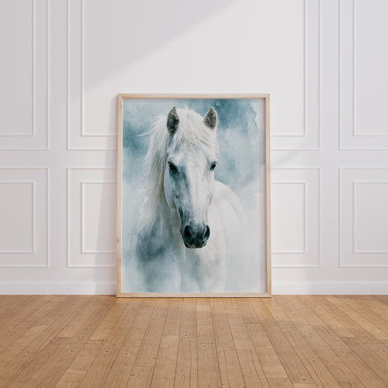Poster Cheval blanc - Douceur d'une aquarelle bleutée et rêveuse — Vierge - living-room