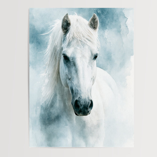 Poster Cheval blanc - Douceur d'une aquarelle bleutée et rêveuse — Vierge - poster-presentation-produit