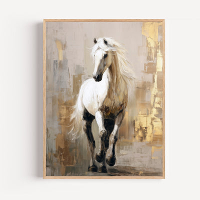 Póster de caballo blanco en movimiento — tonos beige y dorados