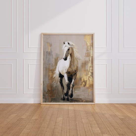 Poster Cheval blanc - Élan et grâce aux reflets beige et or — Vierge - living-room