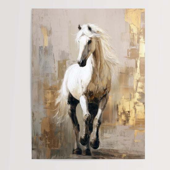 Poster Cheval blanc - Élan et grâce aux reflets beige et or — Vierge - poster-presentation-produit