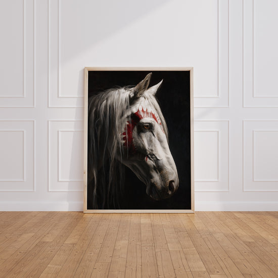 Poster Cheval blanc - Regard mystique et esprit guerrier — Vierge - living-room