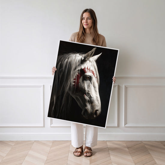 Poster Cheval blanc - Regard mystique et esprit guerrier — Vierge - poster-femme-debout