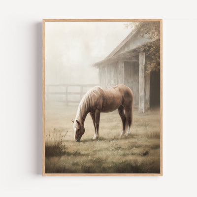 Póster Caballo castaño - Suavidad de una mañana en el campo