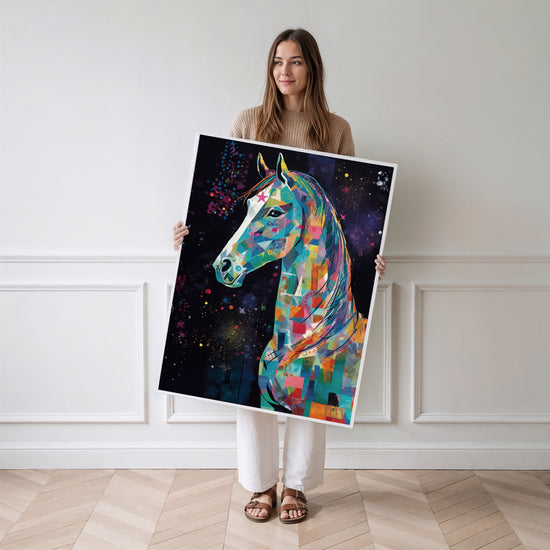 Poster Cheval coloré - Galop joyeux et rêves d'aventure — Vierge - poster-femme-debout
