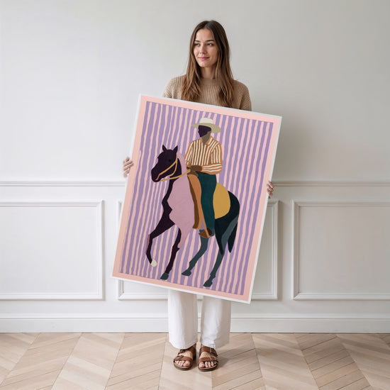 Poster Cheval et cavalier - Silhouette stylisée aux couleurs vives — Vierge - poster-femme-debout