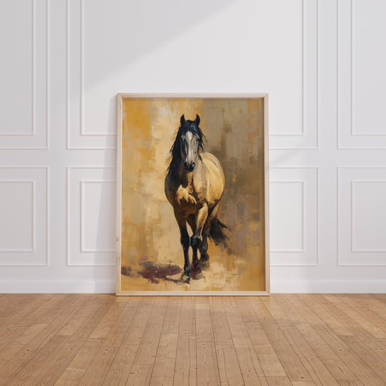 Poster Cheval sauvage - L'allure fière sur fond doré — Vierge - living-room