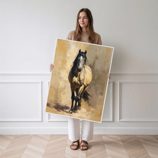 Poster Cheval sauvage - L'allure fière sur fond doré — Vierge - poster-femme-debout