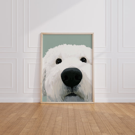 Poster Chien blanc - Compagnon fidèle au regard apaisant — Vierge - living-room