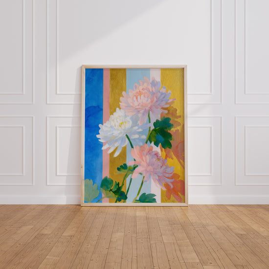 Poster Chrysanthèmes - Bouquet frais sur fond de rayures pastel — Vierge - living-room