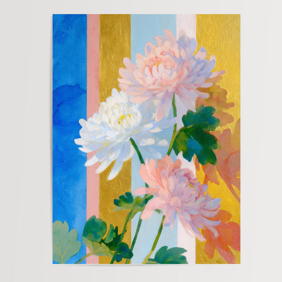 Poster Chrysanthèmes - Bouquet frais sur fond de rayures pastel — Vierge - poster-presentation-produit