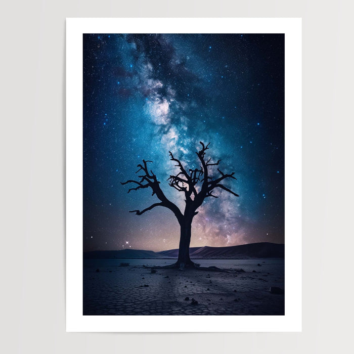 Poster Ciel africain étoilé - Arbre solitaire sous la Voie lactée — Vierge - poster-presentation-produit — passe-partout blanc