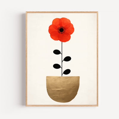 Poster Rote Mohnblume – Leuchtende Blüte in goldener Vase