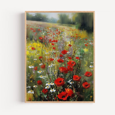 Mohnblumen Poster mit Wildblumen – rotes, lichtdurchflutetes Feld