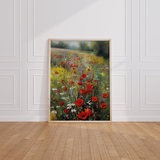 Poster Coquelicots et fleurs sauvages - Un champ rouge baigné de lumière — Vierge - living-room