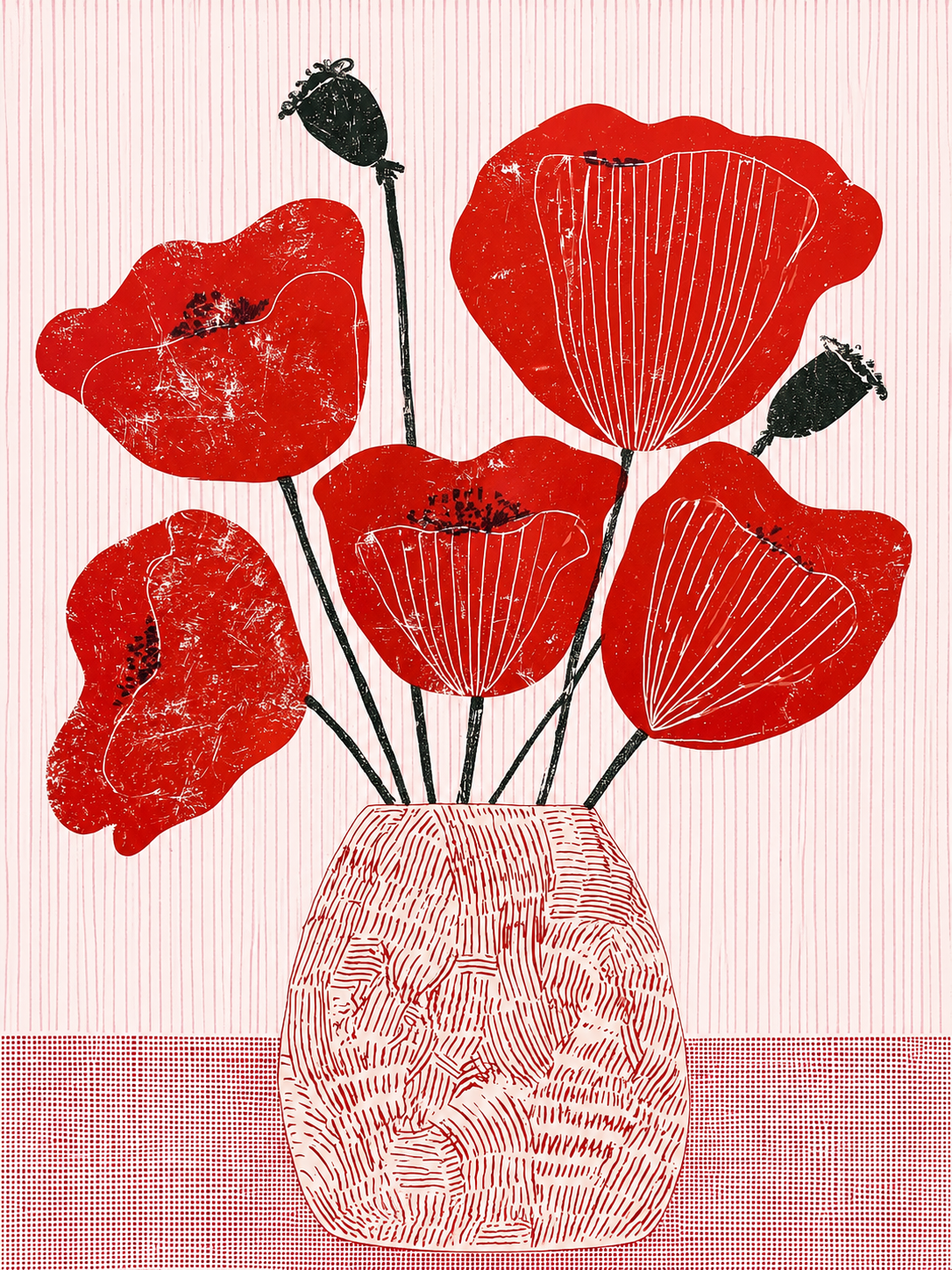 Poster Coquelicots rouges - Énergie graphique et rayures poudrées