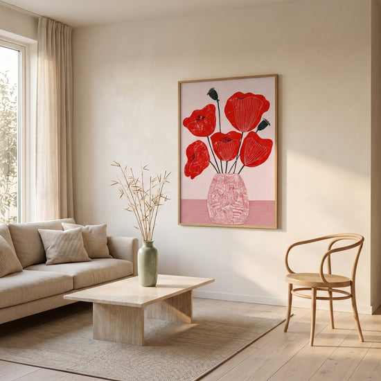Poster Coquelicots rouges - Énergie graphique et rayures poudrées — Décor sur-mesure (IA)