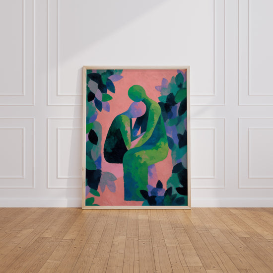 Poster Couple enlacé - Deux silhouettes tendres dans un jardin coloré — Vierge - living-room