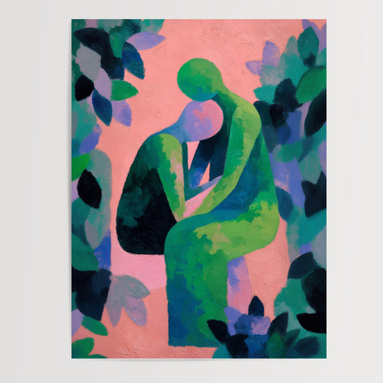 Poster Couple enlacé - Deux silhouettes tendres dans un jardin coloré — Vierge - poster-presentation-produit
