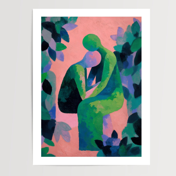 Poster Couple enlacé - Deux silhouettes tendres dans un jardin coloré — Vierge - poster-presentation-produit — passe-partout blanc