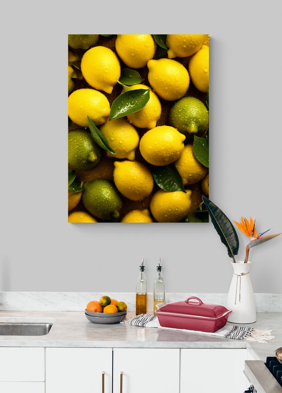 Une affiche lumineuse de citrons jaunes et verts ornés de gouttes de rosée est accrochée au-dessus d'un comptoir de cuisine blanc, entourée d'accessoires de cuisine modernes et d'un vase contenant une fleur exotique.