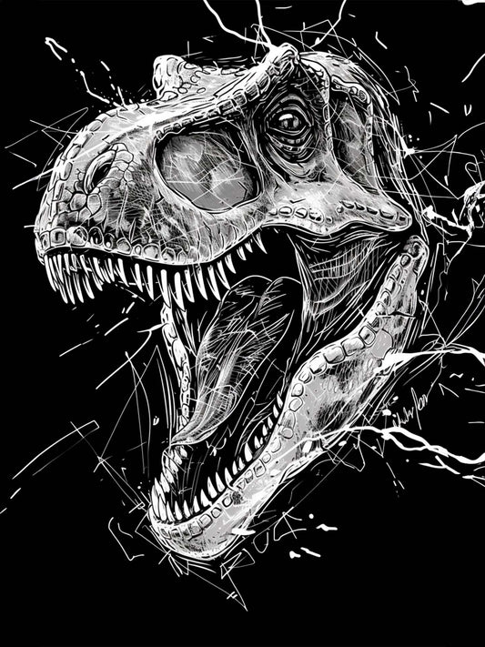 dessin détaillé en noir et blanc d'une tête de Tyrannosaurus rex, ouverte en rugissement, avec des dents acérées et des traits expressifs.