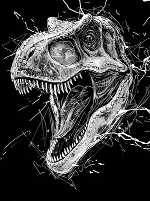 detailed black and white drawing of a Tyrannosaurus rex head roaring, with sharp teeth and expressive features.