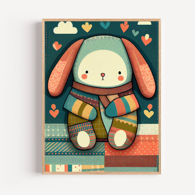 Poster Doudou patchwork - Tendre compagnon pour la chambre de bébé
