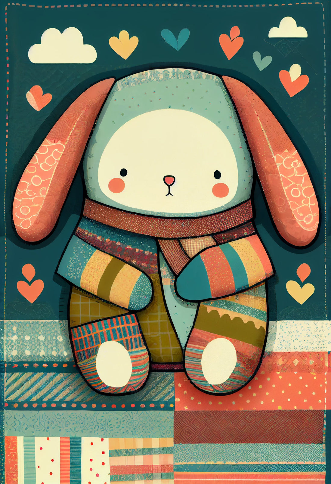 Poster Doudou patchwork - Tendre compagnon pour la chambre de bébé