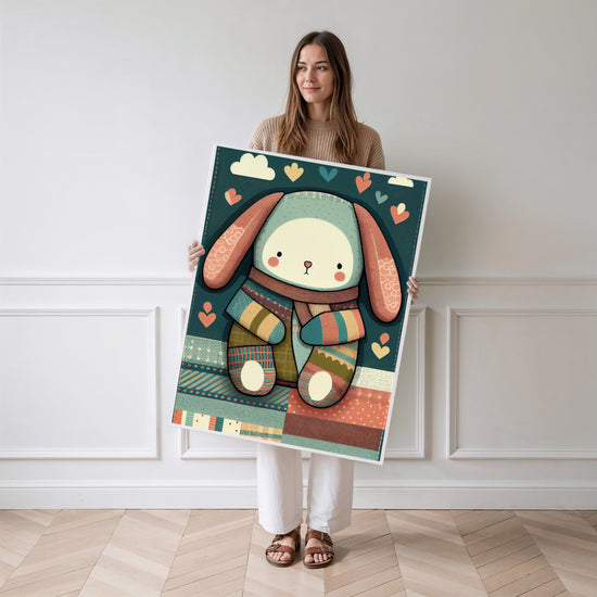 Poster Doudou patchwork - Tendre compagnon pour la chambre de bébé — Vierge - poster-femme-debout