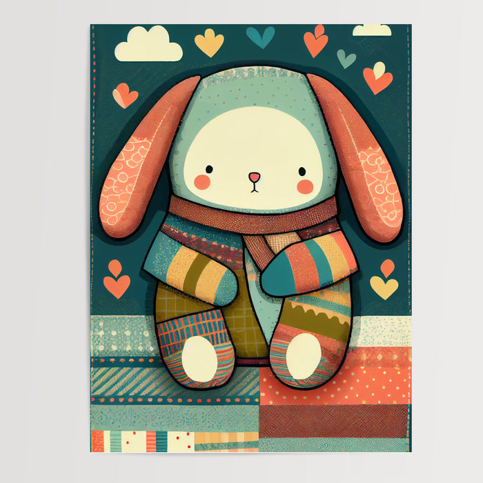 Poster Doudou patchwork - Tendre compagnon pour la chambre de bébé — Vierge - poster-presentation-produit