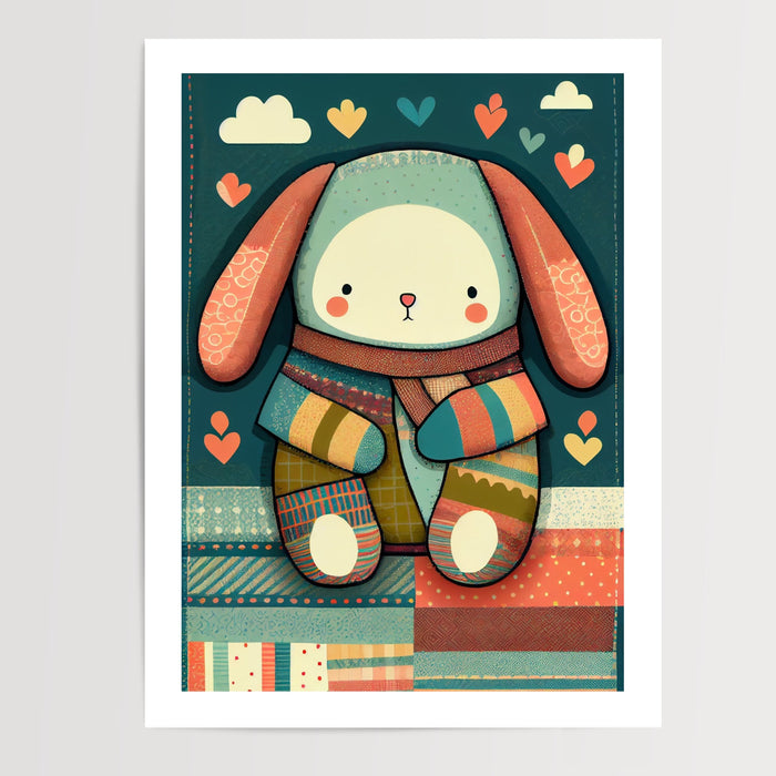 Poster Doudou patchwork - Tendre compagnon pour la chambre de bébé — Vierge - poster-presentation-produit — passe-partout blanc