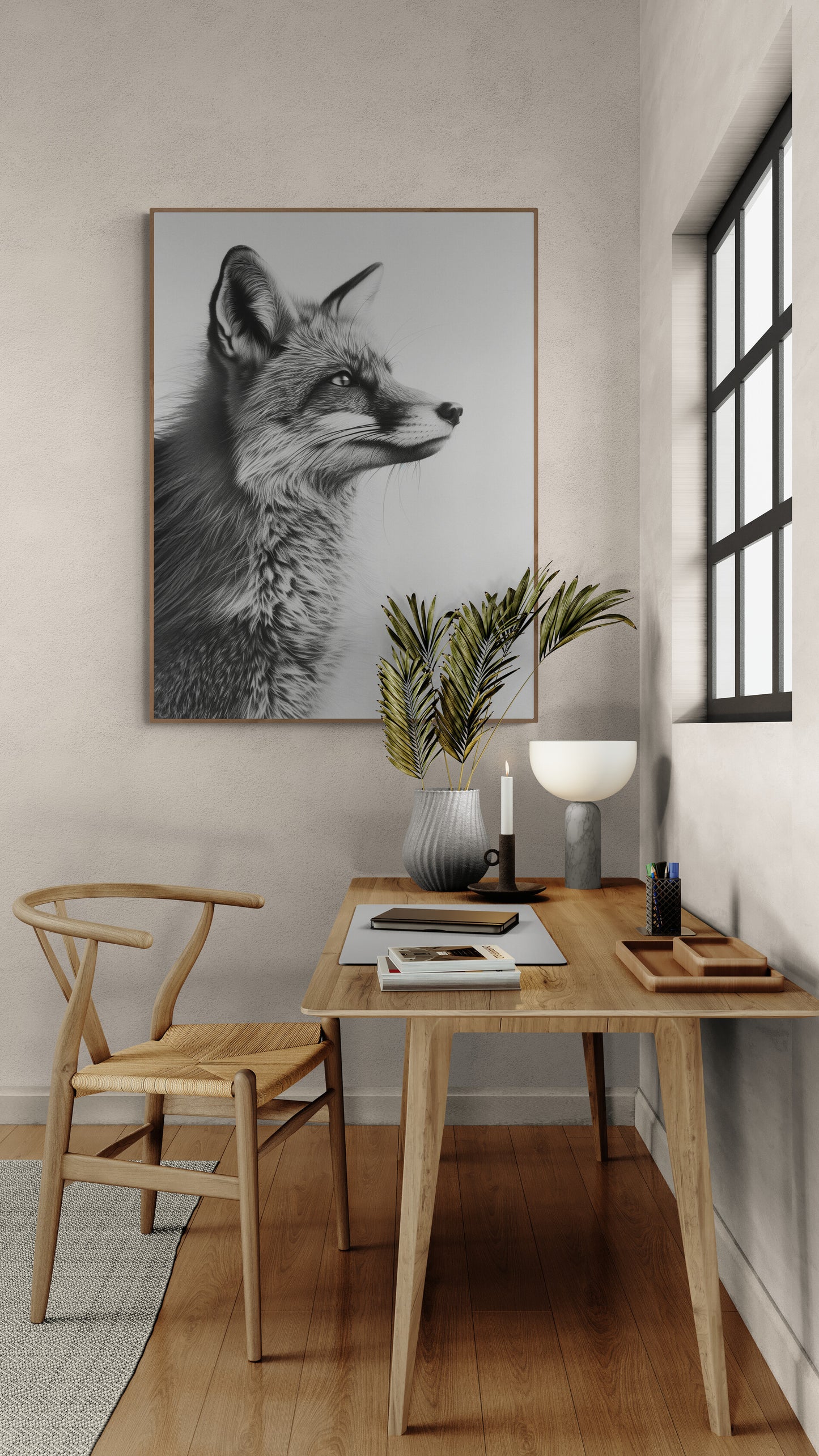 Poster encadré d'un renard surplombant un bureau en bois avec accessoires modernes.