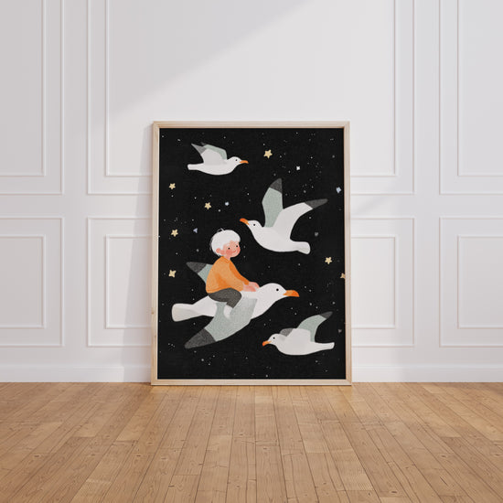 Poster Enfant volant - Petit rêveur porté par les étoiles dorées — Vierge - living-room