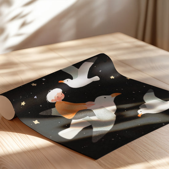 Poster Enfant volant - Petit rêveur porté par les étoiles dorées — Vierge - poster-enroullé